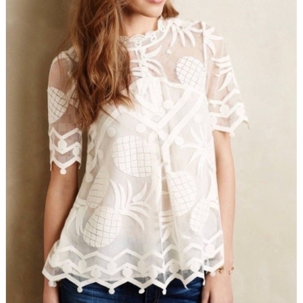 HD in Paris White Sheer Pineapple Embroidered Blouse